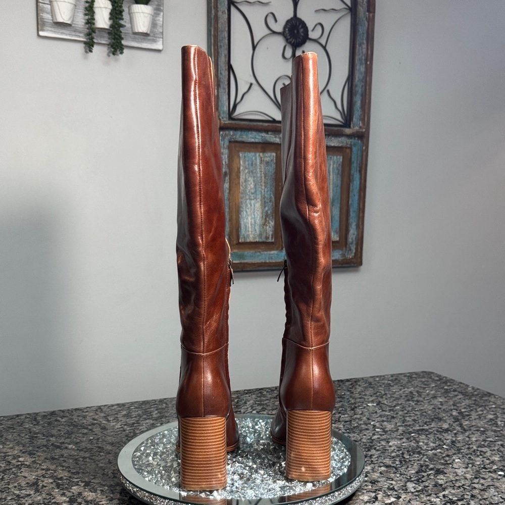 Nine West Brown Leather block heel square toe Heeled knee high Boots NEW 9 - Picture 3 of 10